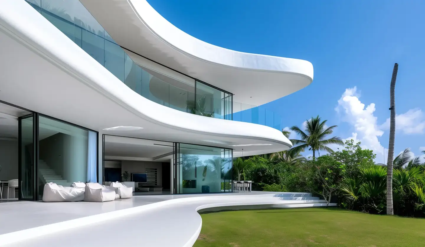 Curved villa with a long cantilevered roof