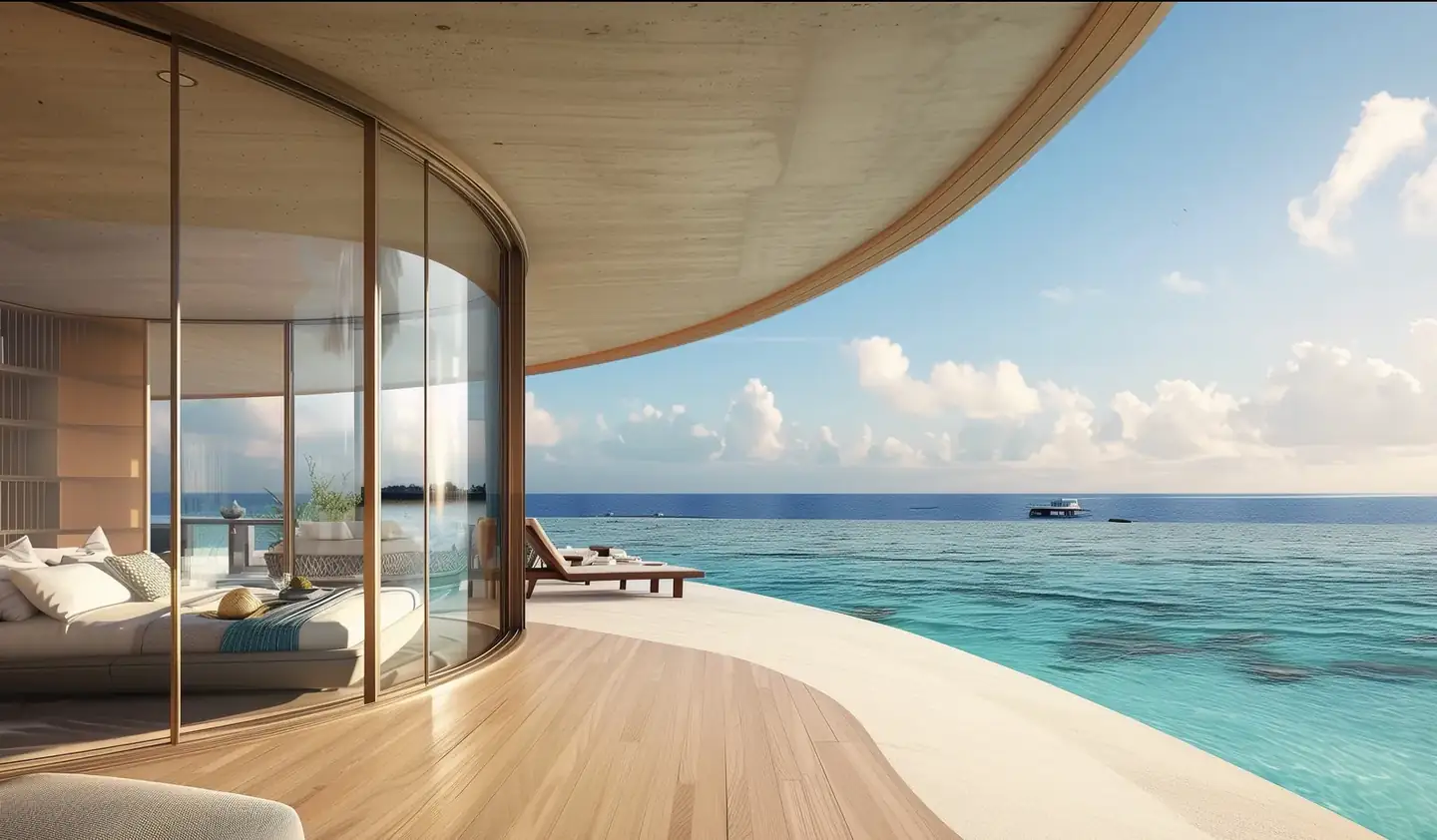 Bedroom opening onto a curved terrace and the sea