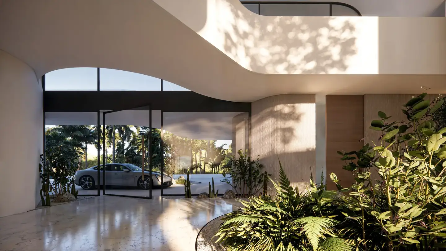 Entrance court with planting under a curved roof