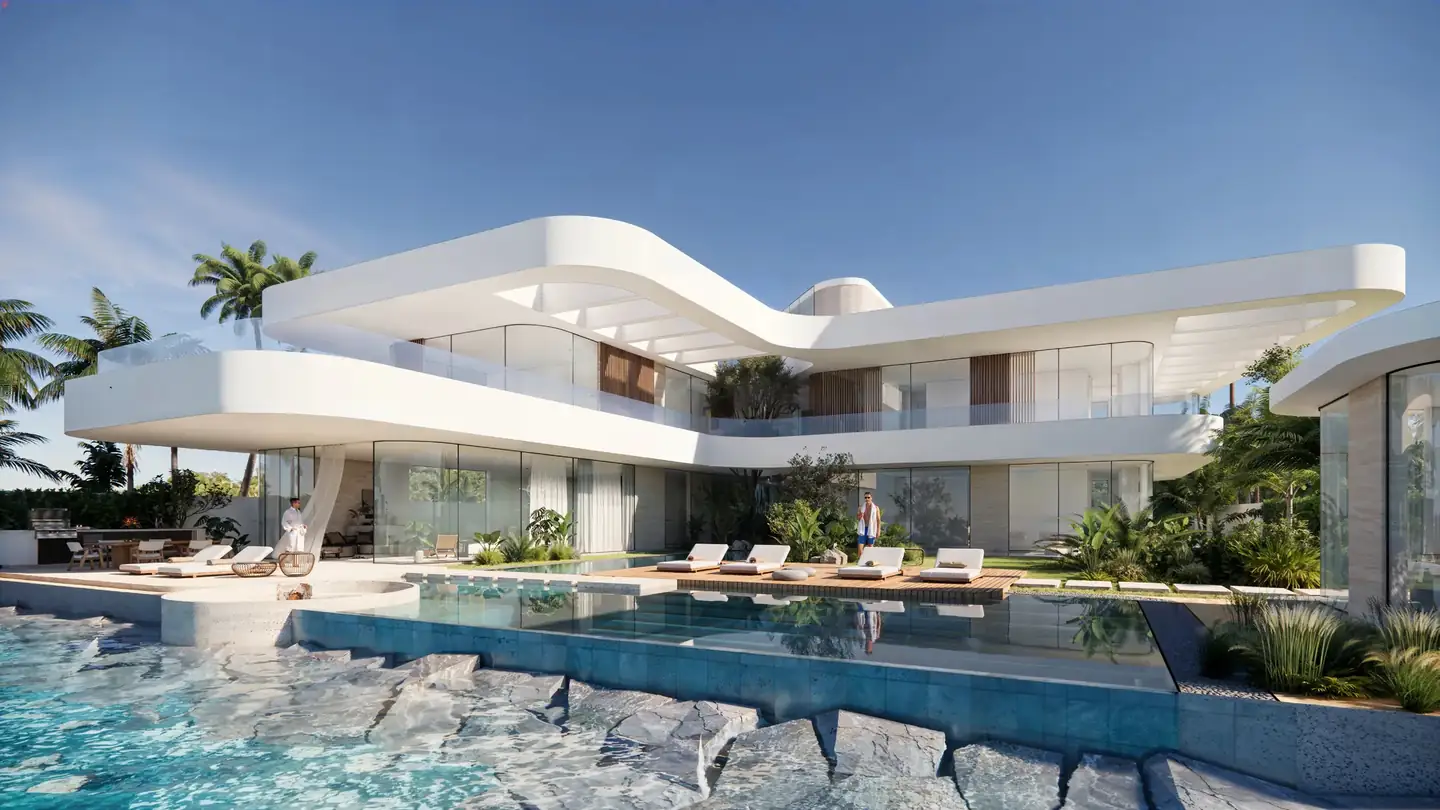 Seven-bedroom island villa above a pool, concept study