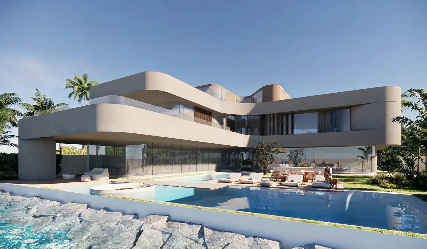 Villa with layered terraces over a pool