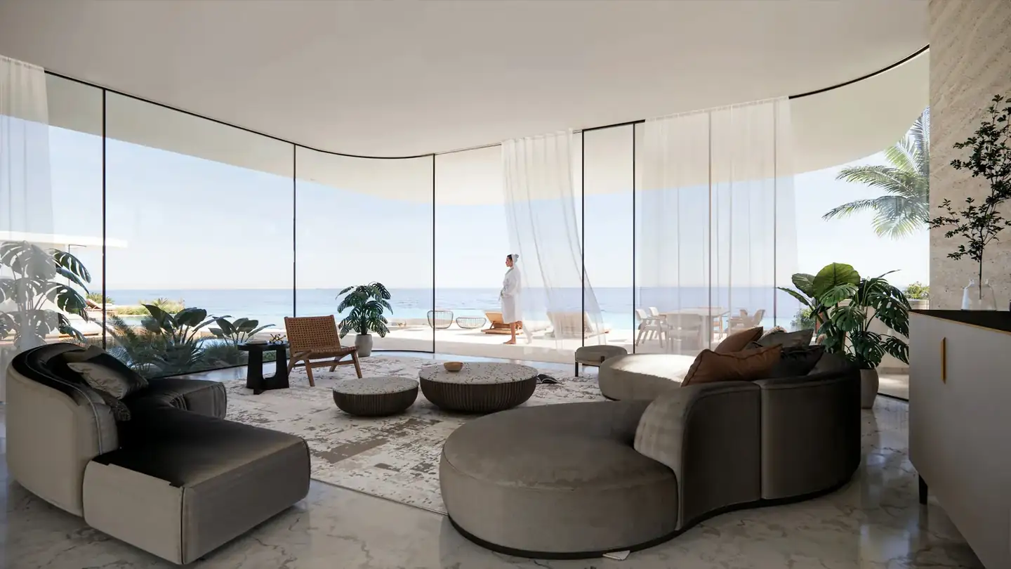 Living room under a floating roof, open to the sea