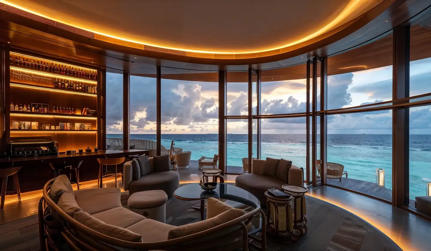 Round lounge with a glazed sea view