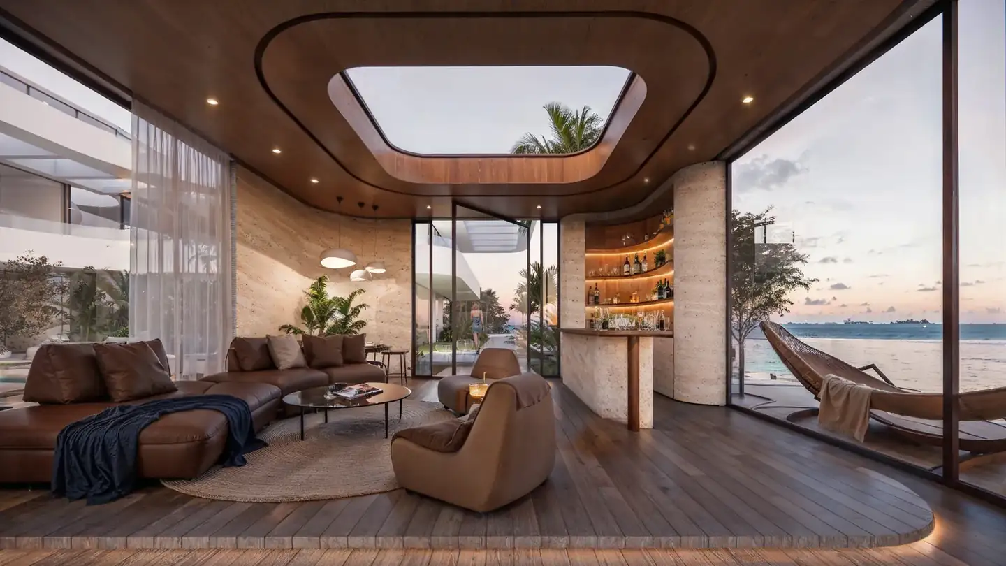 Pavilion interior with skylight and timber floor