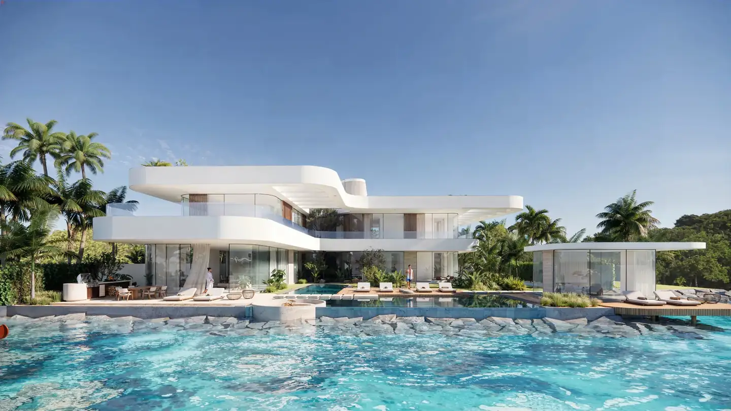 Island villa across a stepped pool