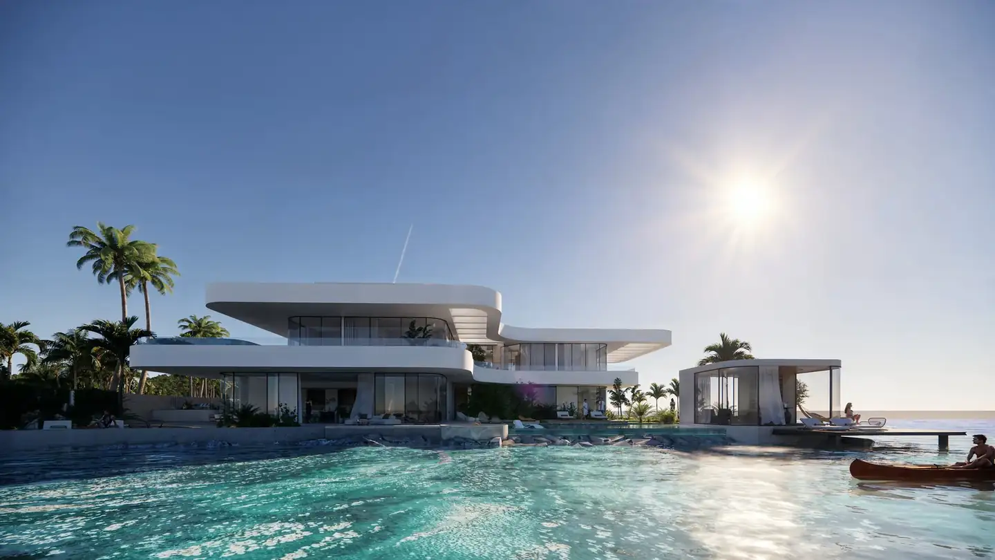 Long pool beside a low villa