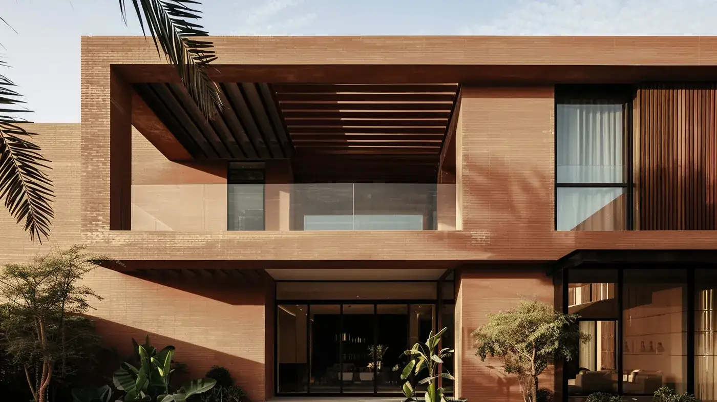 Timber screen and terrace of a villa in earth finish